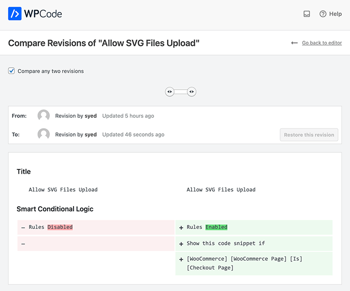 WPCode - Compare Code Snippets - Version Control