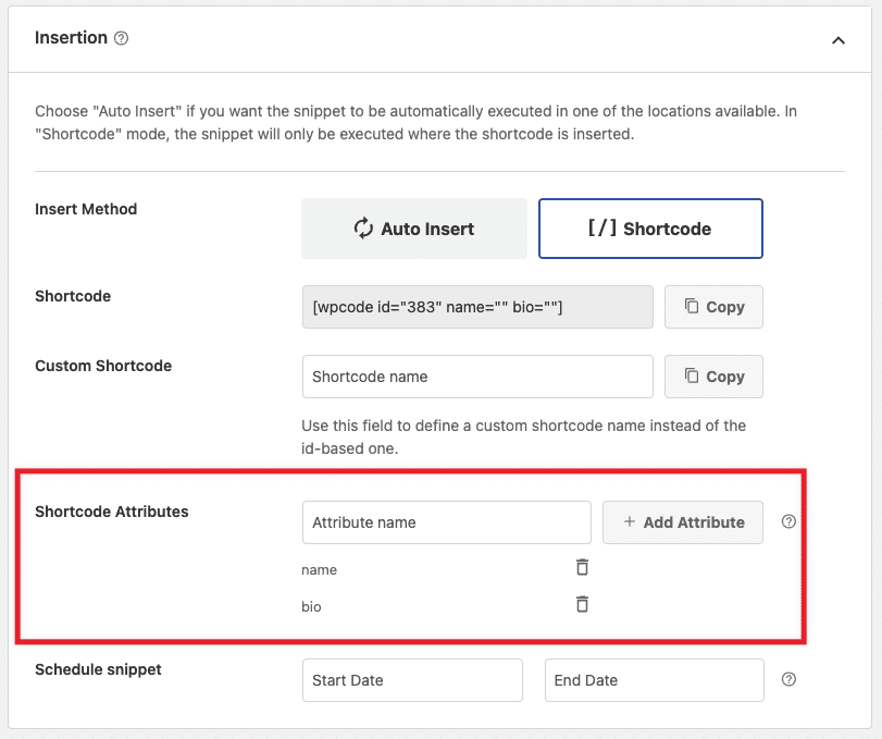 Registering shortcode attributes to a WPCode snippet