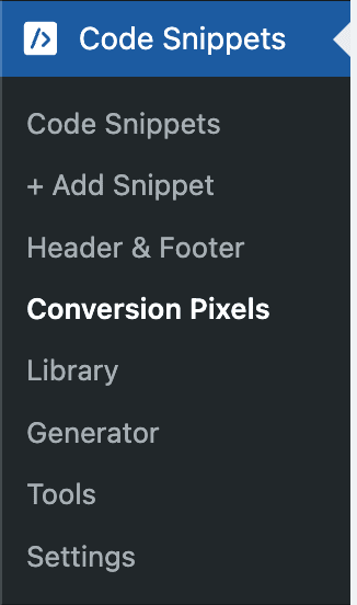The conversion pixels submenu item in the WPCode menu in the WordPress admin