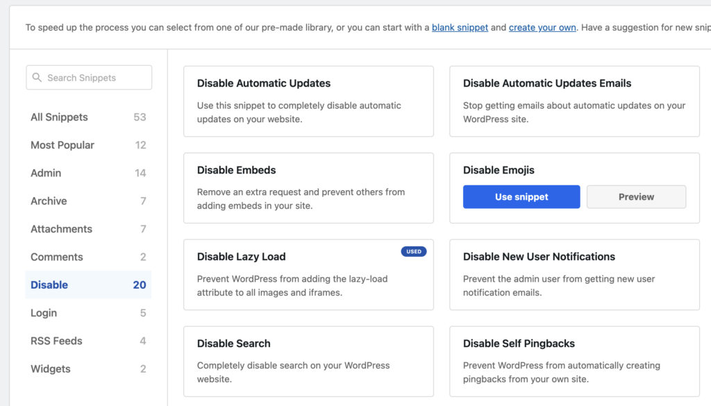 Preview of snippets in WPCode used to disable features