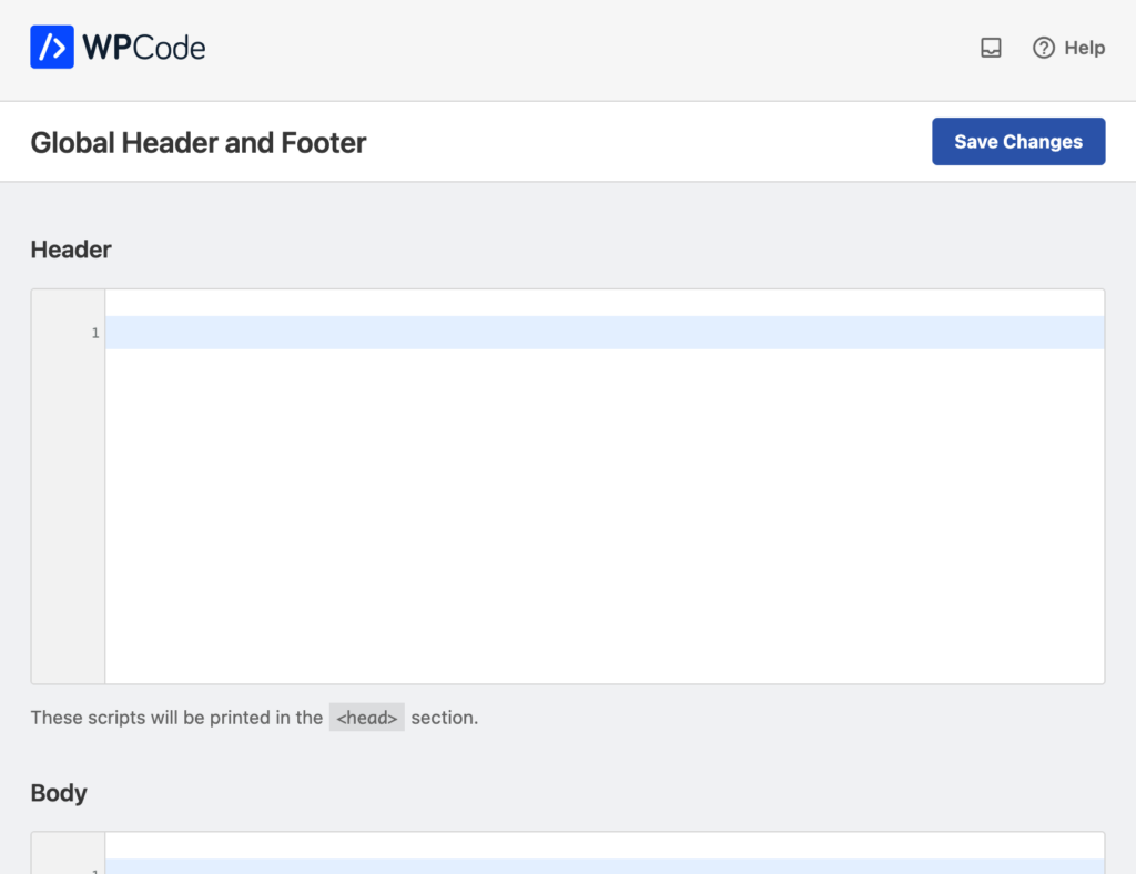 Global Header & Footer page in the WPCode plugin