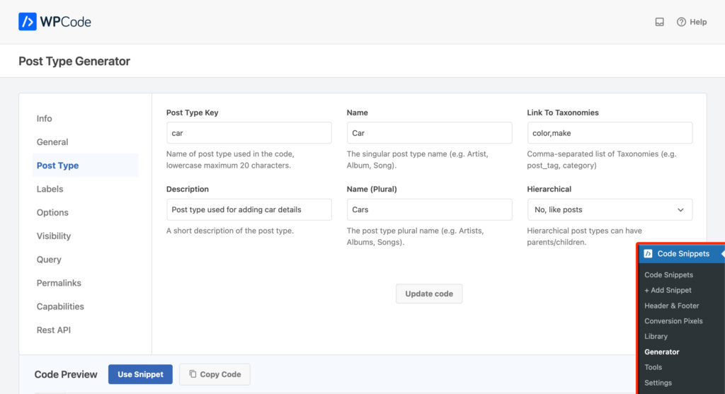 WPCode Post Type Snippet Generator