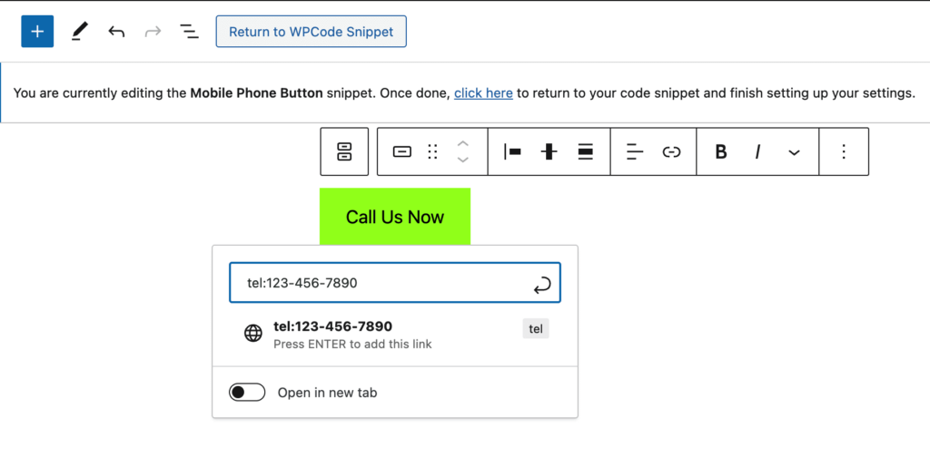 WPCode Block Editor phone button