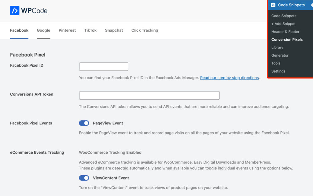 WPCode Conversion Pixels addon settings