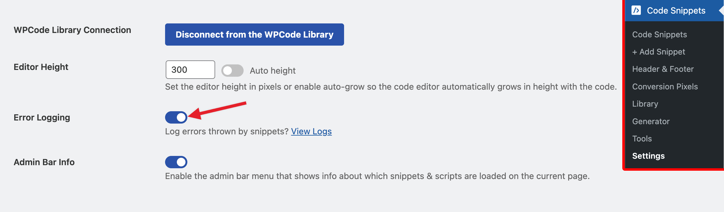 WPCode Settings enable error logging