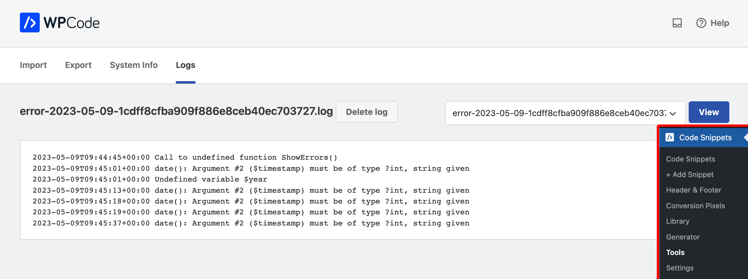 View an error log in the WPCode Tools area