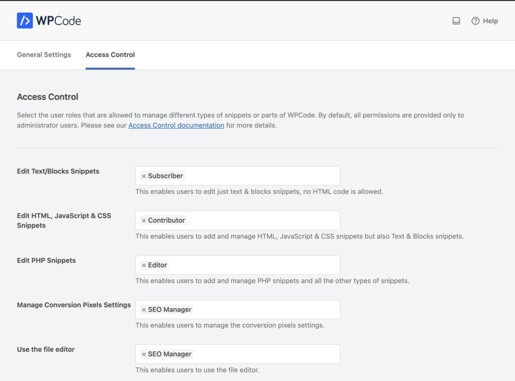 WPCode Access Control Settings