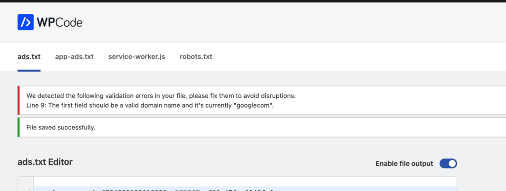 Preview of syntax validation for the ads.txt file throwing an error
