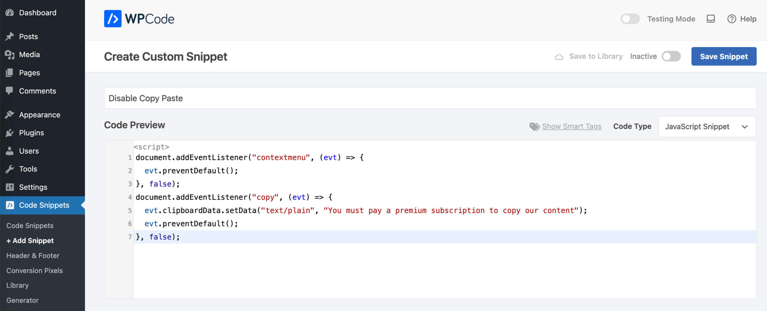 javascript code example, disable copy-paste