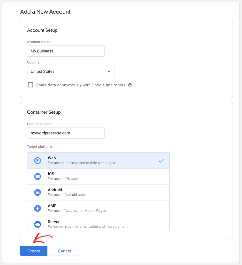 Click “create” to finish creating the GTM account 