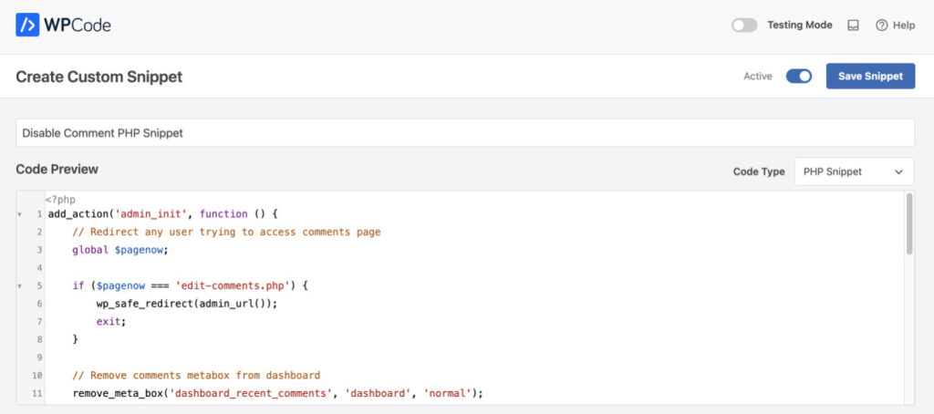 How To Copy-Paste Code Snippets Into WordPress: Disable comment code snippet example