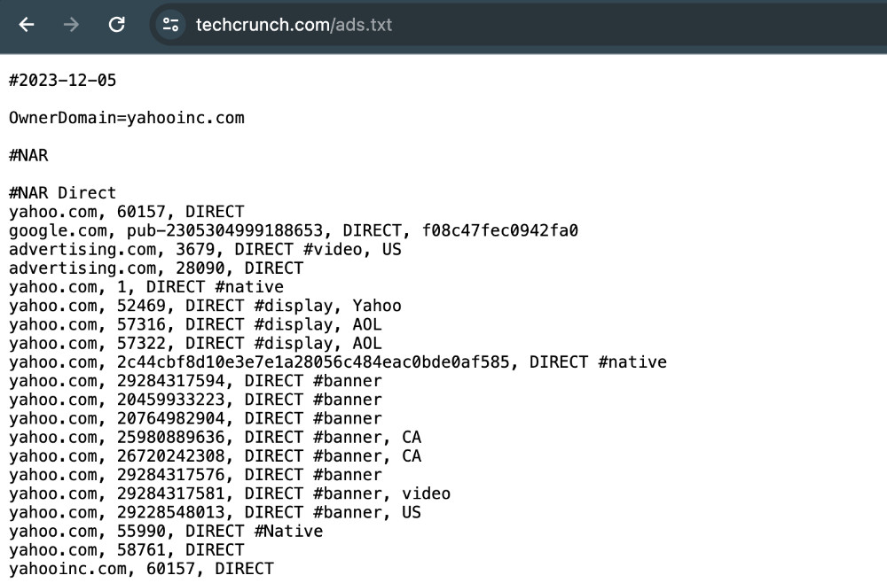 Sample Ads.Txt file of TechCrunch website