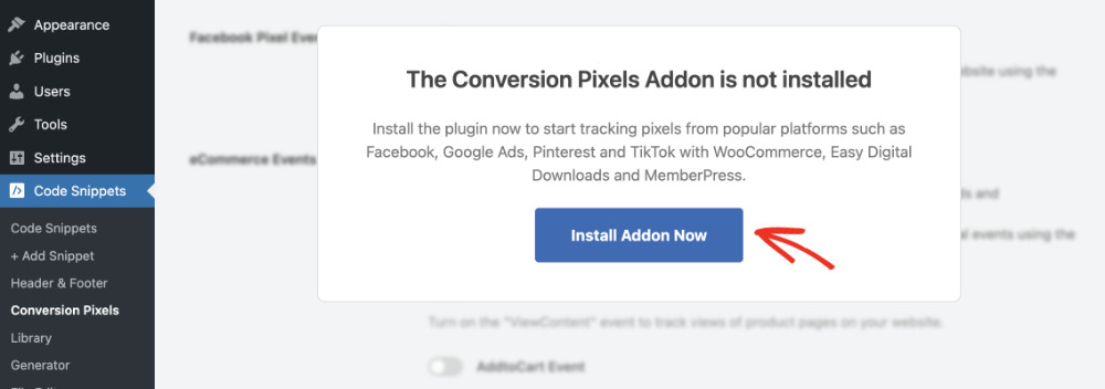 How To Add The Facebook Pixel To WordPress: adding conversion pixel addon step 1