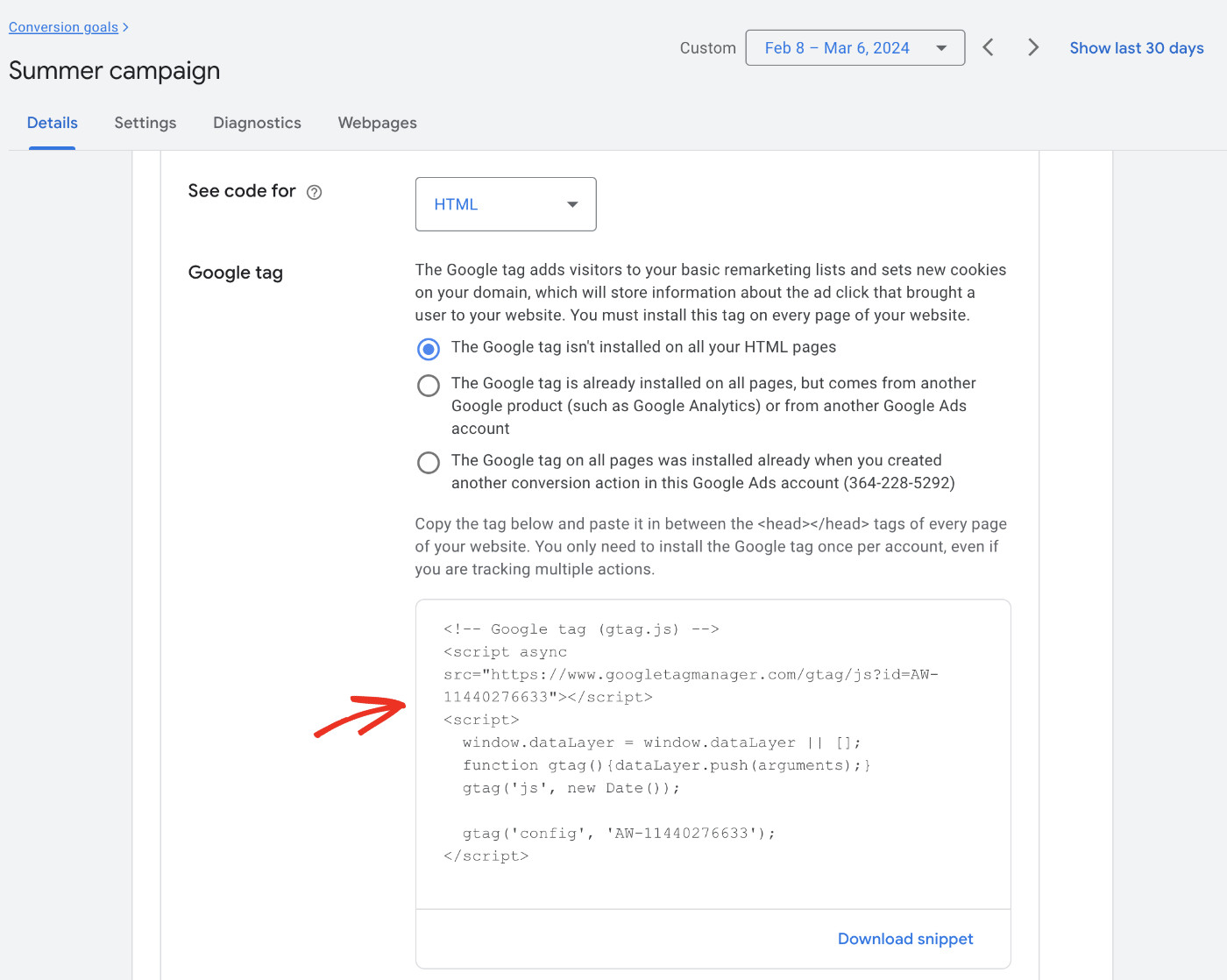 How to add Google Ads Conversion tracking in WordPress: Adding Google Ads Conversion For Free in Website Header Step 3