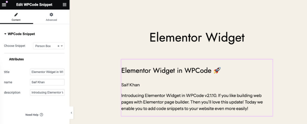 elementor-widget for wpcode