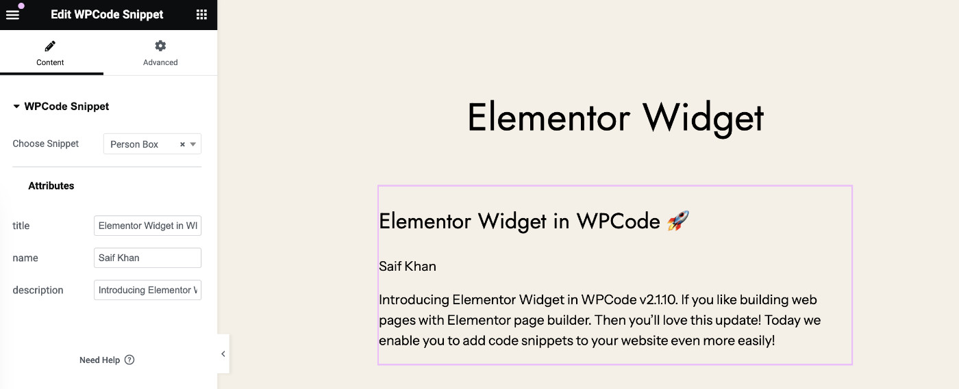 New Elementor Widget, 10 Languages & More in WPCode v2.1.10: Elementor widget example
