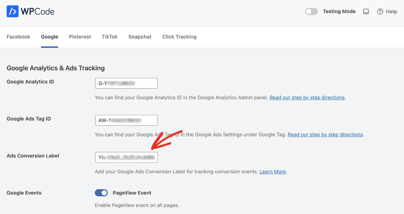 How to add Google Ads Conversion tracking in WordPress: Pasting Conversion Label ID in WPCode