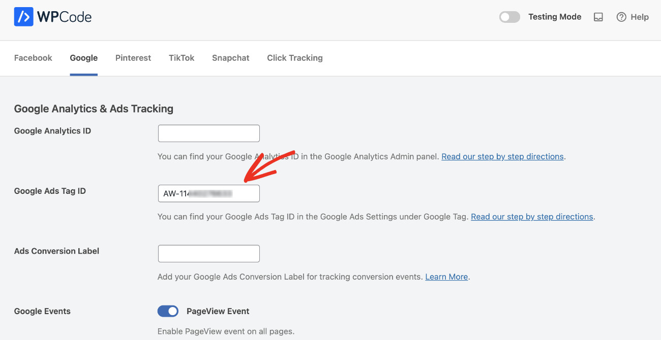 How to add Google Ads Conversion tracking in WordPress: Pasting Google Ads Tag ID in WPCode
