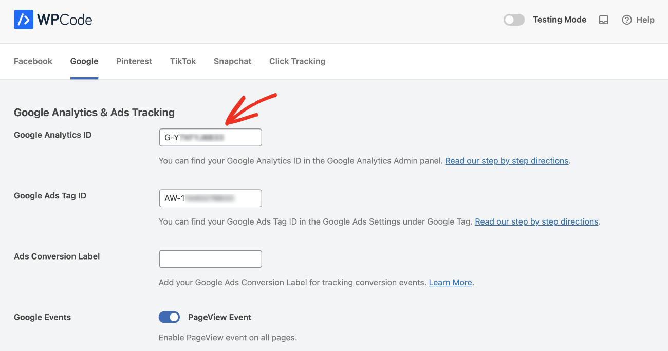 How to add Google Ads Conversion tracking in WordPress: Pasting Google Analytics ID in WPCode