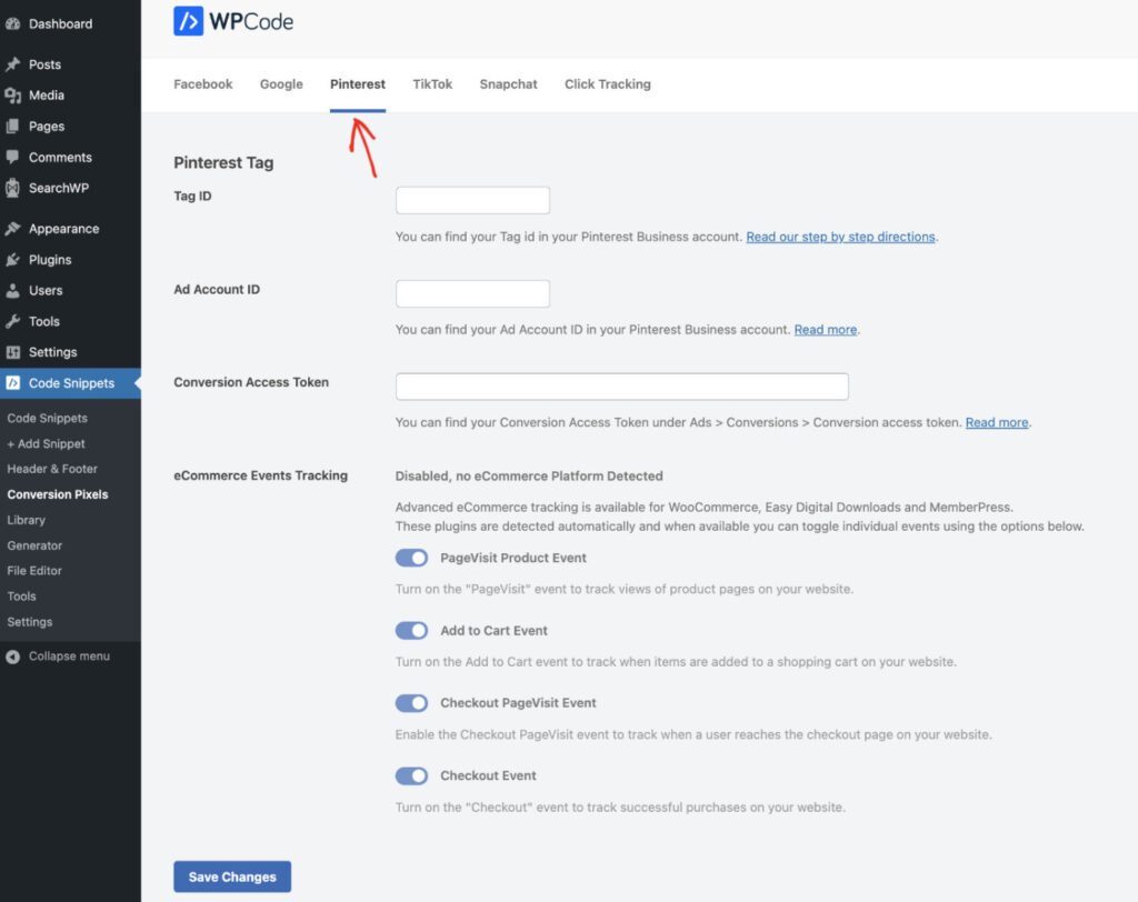 How To Add A Pinterest Tag To WordPress For Free: Add Pinterest tag using WPCode Conversion Pixels addon Step 2