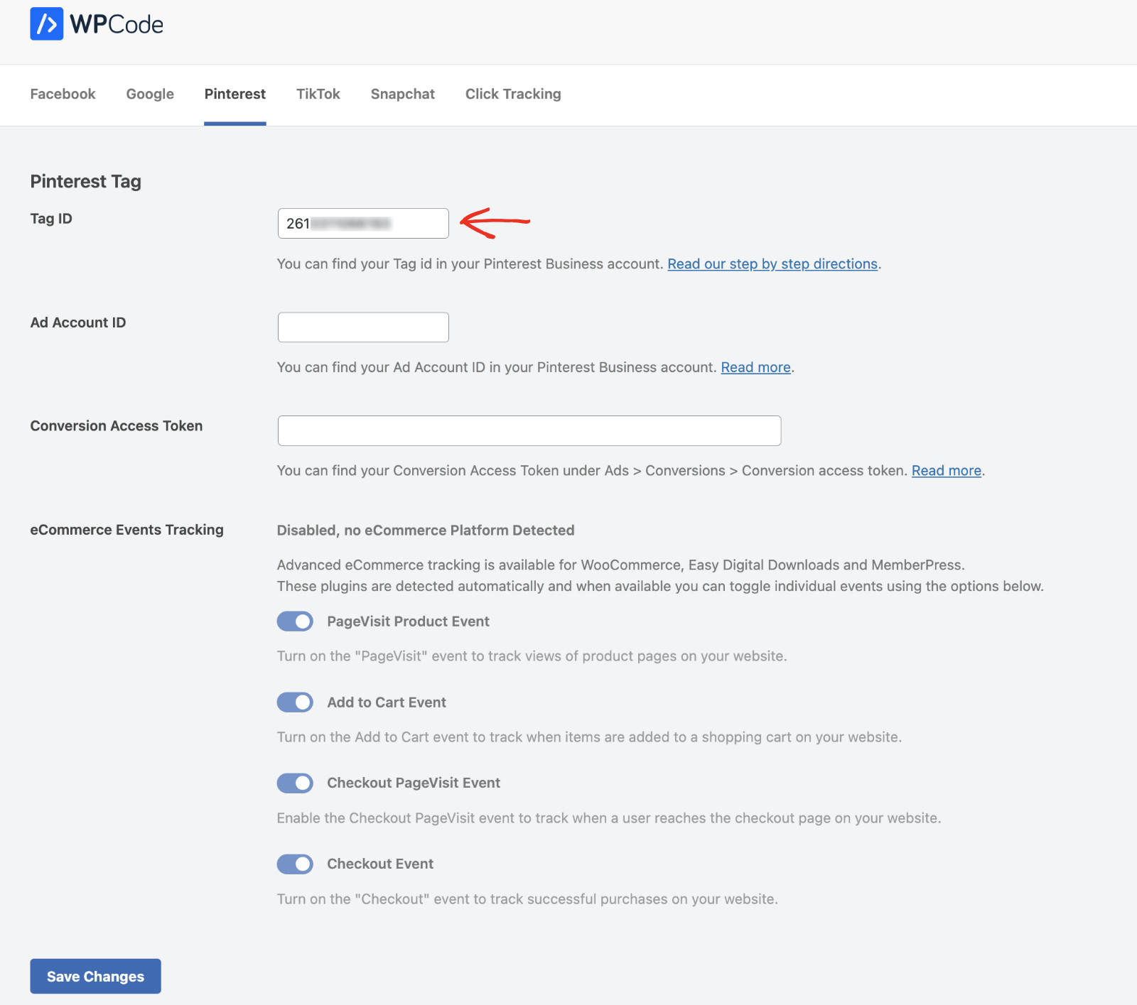 How To Add A Pinterest Tag To WordPress For Free: Add Pinterest tag using WPCode Conversion Pixels addon Step 3