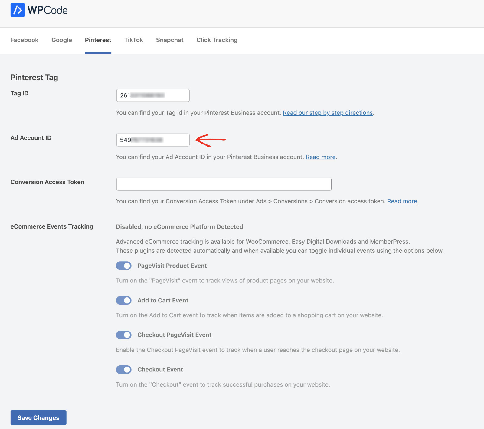 How To Add A Pinterest Tag To WordPress For Free: Add Pinterest tag using WPCode Conversion Pixels addon Step 4