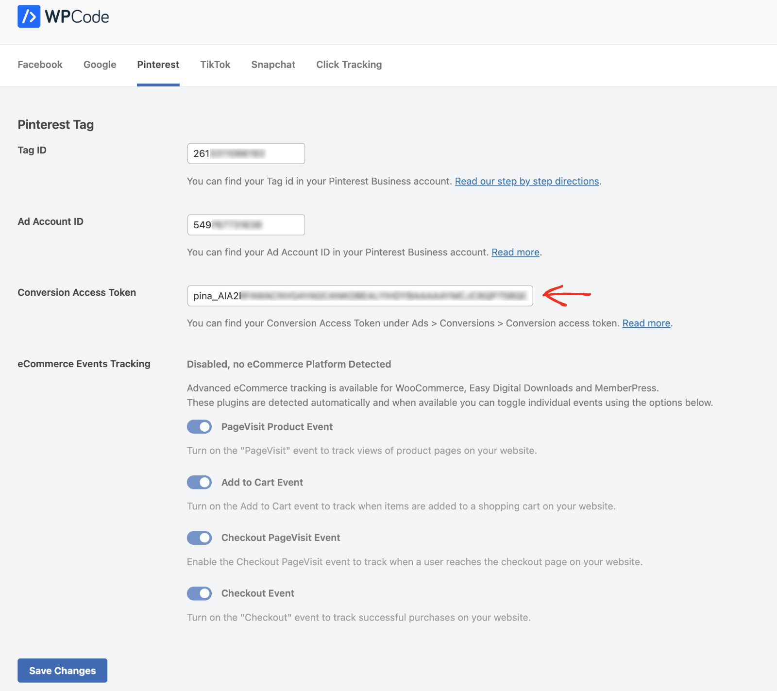 How To Add A Pinterest Tag To WordPress For Free: Add Pinterest tag using WPCode Conversion Pixels addon Step 5