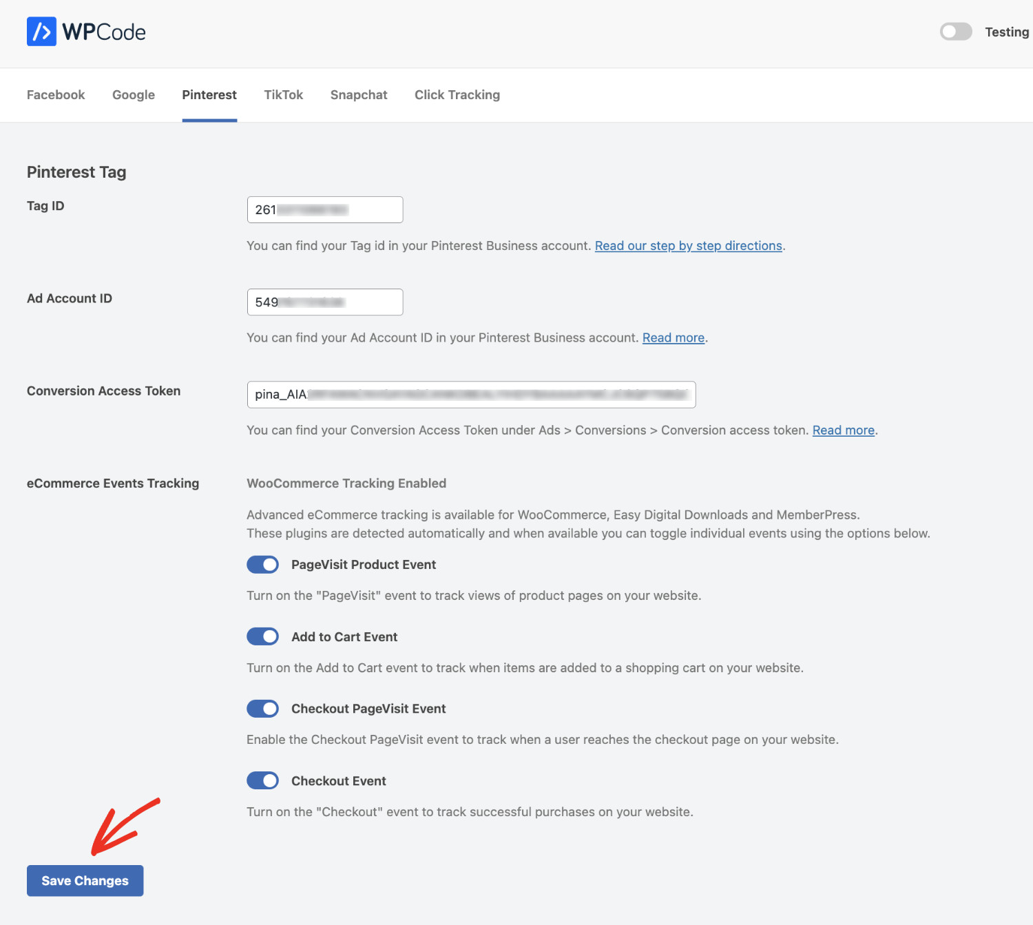 How To Add A Pinterest Tag To WordPress For Free: Add Pinterest tag using WPCode Conversion Pixels addon Step 6