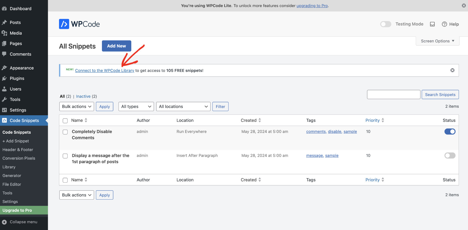 How To Disable Comments On WordPress For Free: Connect To Library Step 1