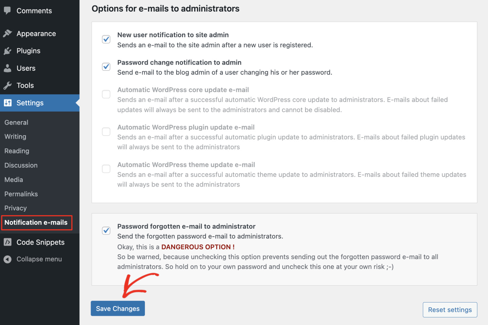 Alt: How To Stop Getting Automatic Update Emails In WordPress Using Manage Notification Emails. 