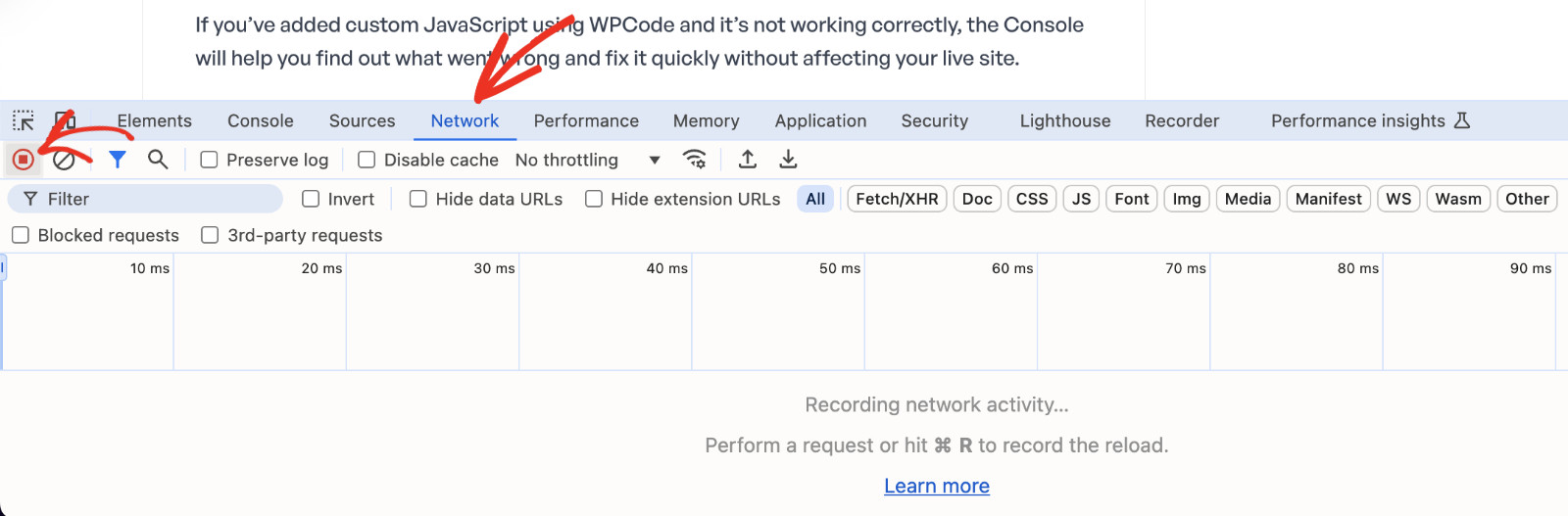 How To Tell If A Page Is Cached In WordPress: Go to network tab and start recording network activity 