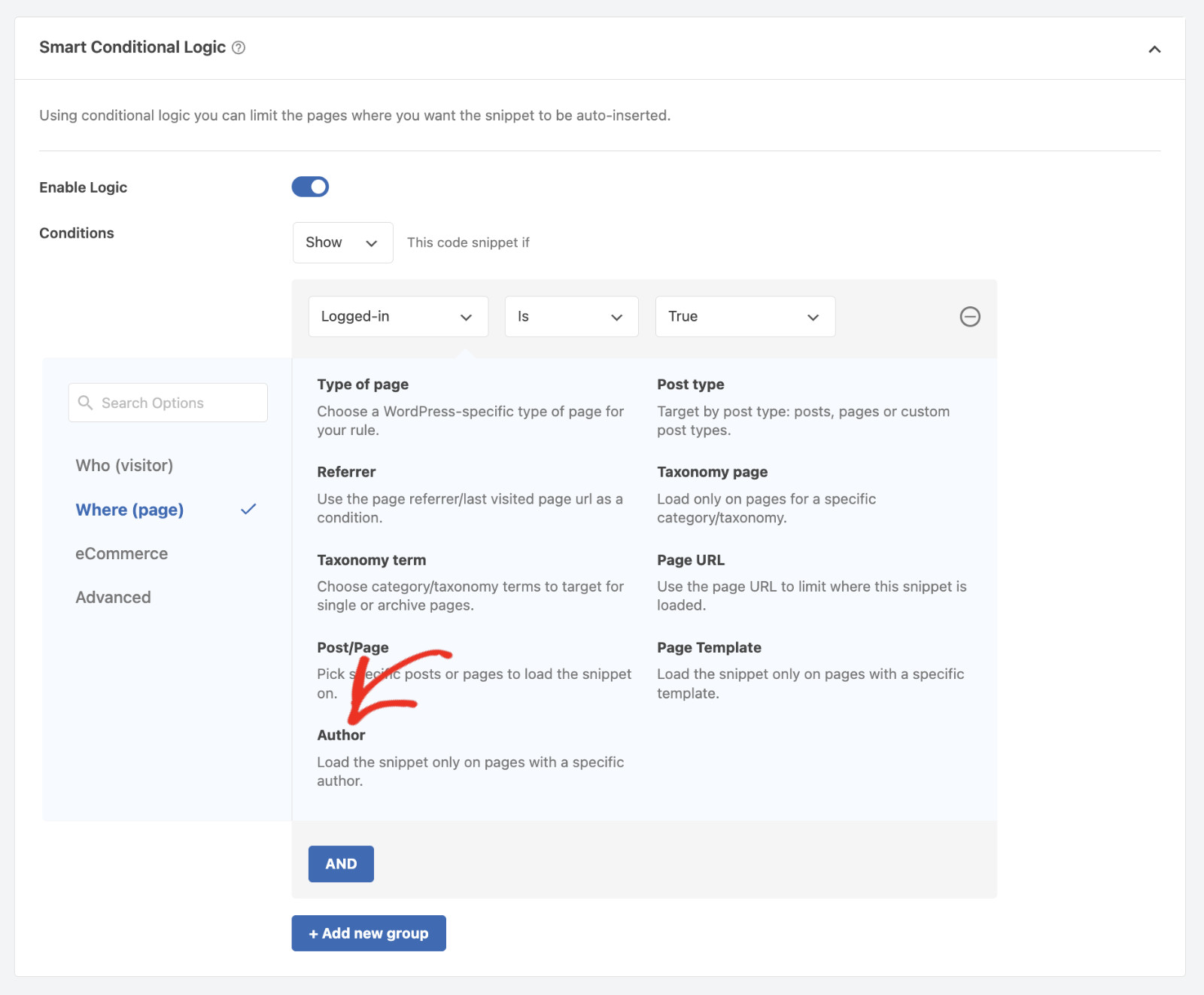 Introducing WPCode v.2.2.1 With New Conditional Logic Rules & Auto-Insert Location: Conditional Logic - Author