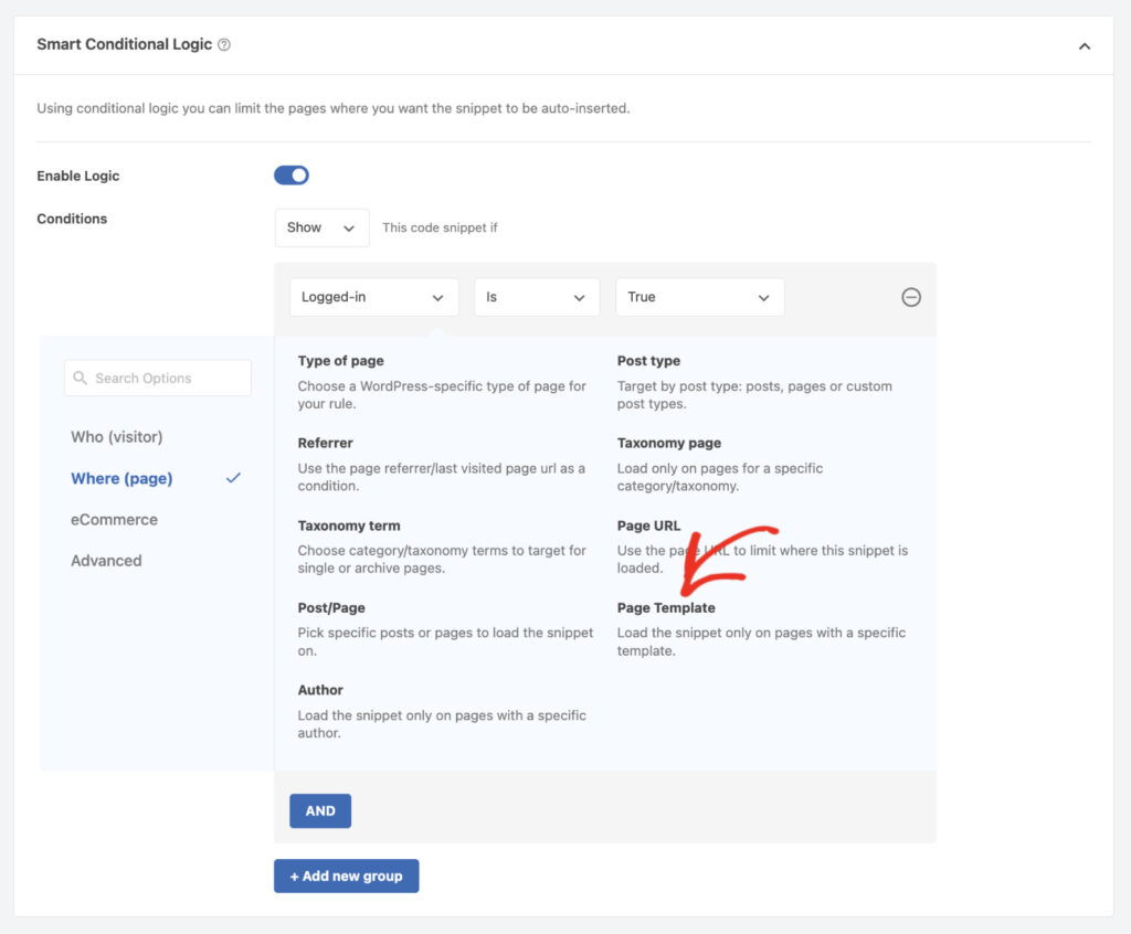 Introducing WPCode v.2.2.1 With New Conditional Logic Rules & Auto-Insert Location: Conditional Logic - Page Templates