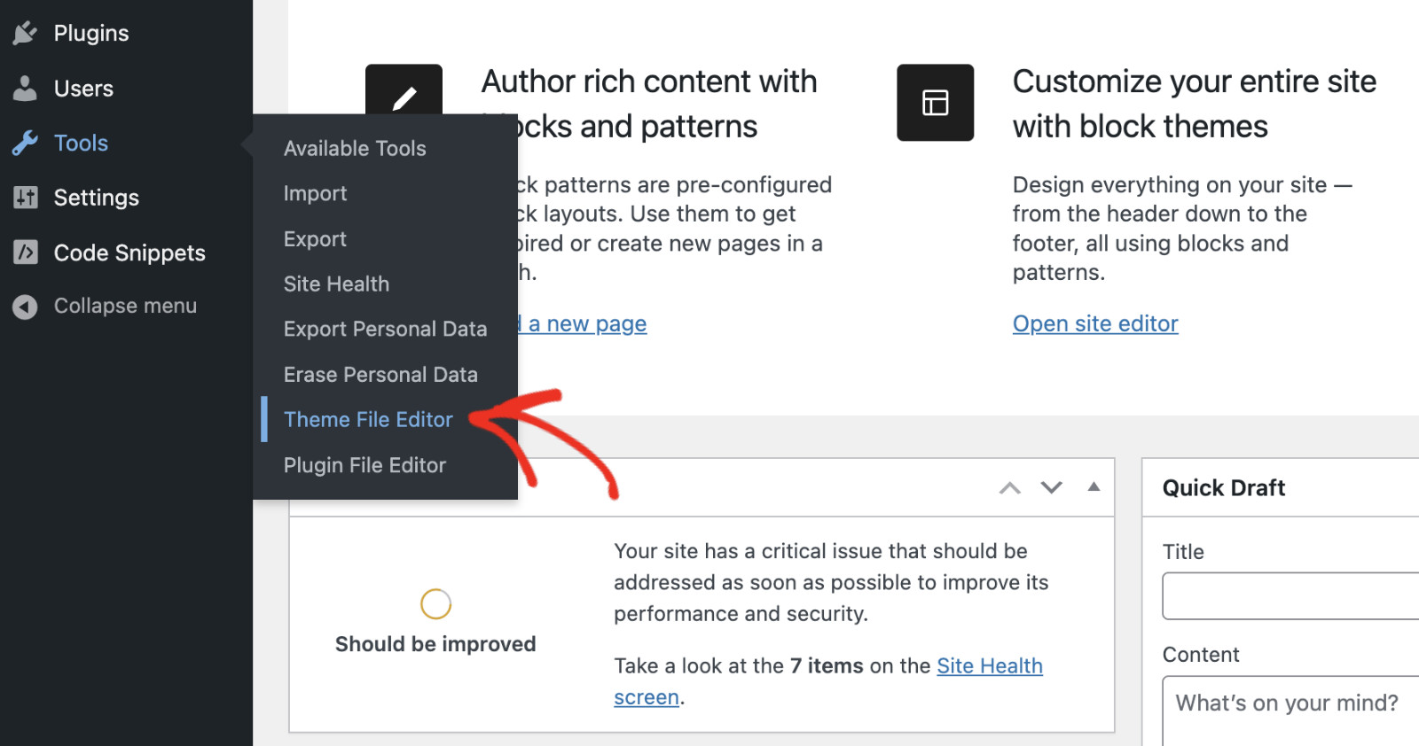 How To Add Code To The Functions.php File: Add Code From Dashboard Step 1