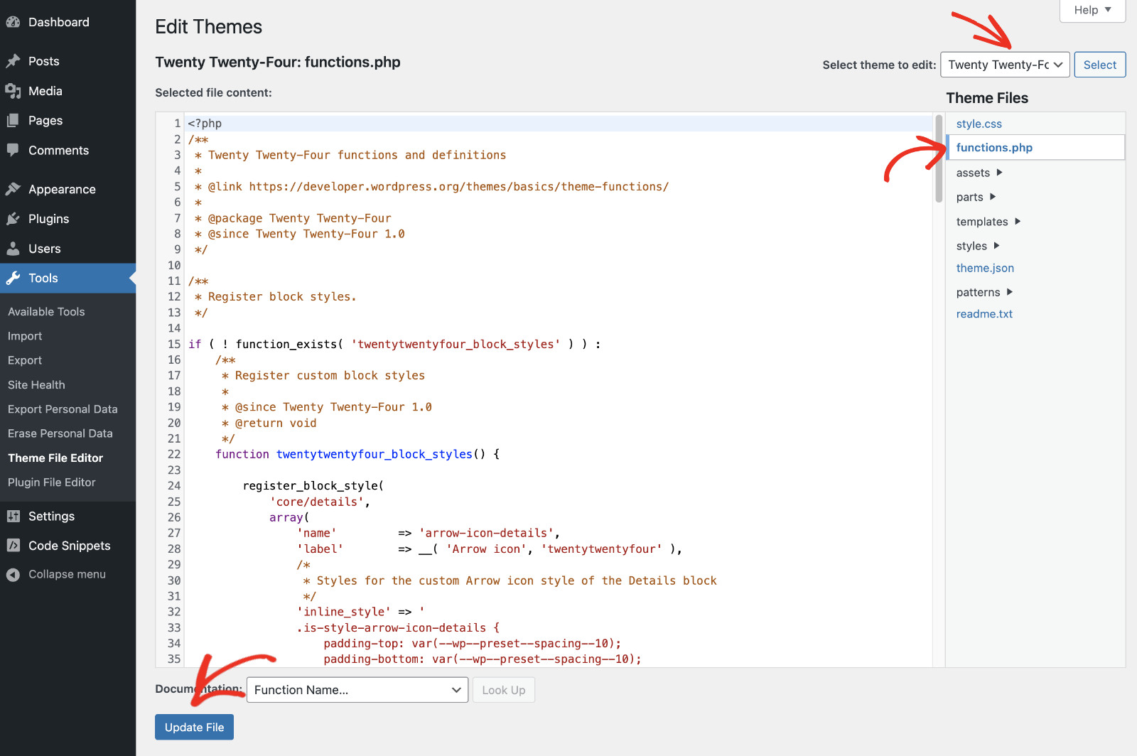 How To Add Code To The Functions.php File: Add Code From Dashboard Step 2