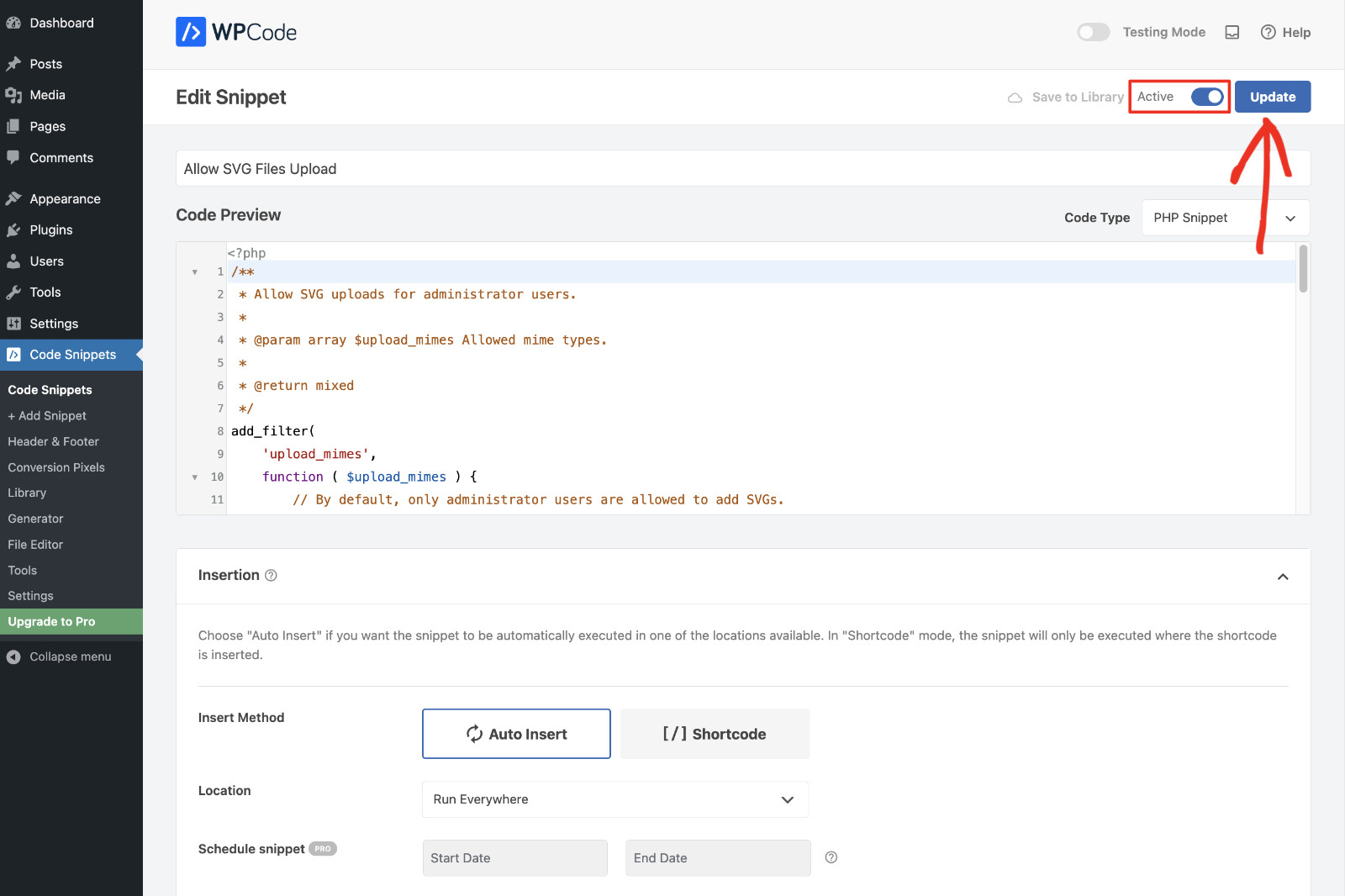 How To Add Code To The Functions.php File: Add Code Snippet Step 3