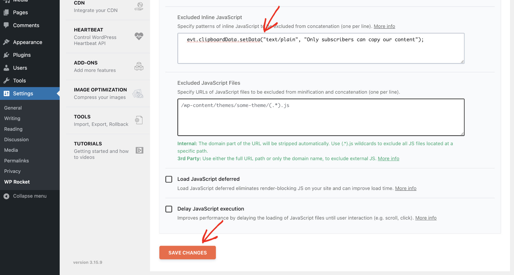 How to Exclude Specific Scripts from Minification in WP Rocket: Exclude in-line JavaScript