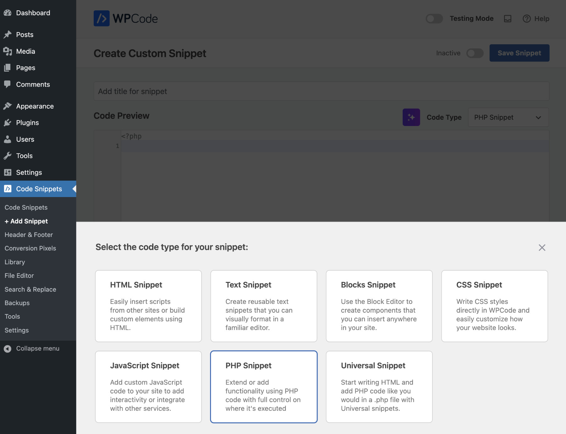 Introducing Tabbed Interface And Redesigned Code Type Picker In WPCode V2.2.2.1 : Redesigned Snippet Code Type Picker.