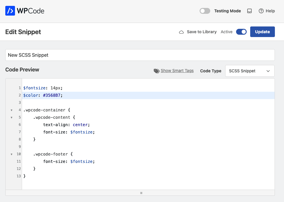 WPCode SCSS code type preview