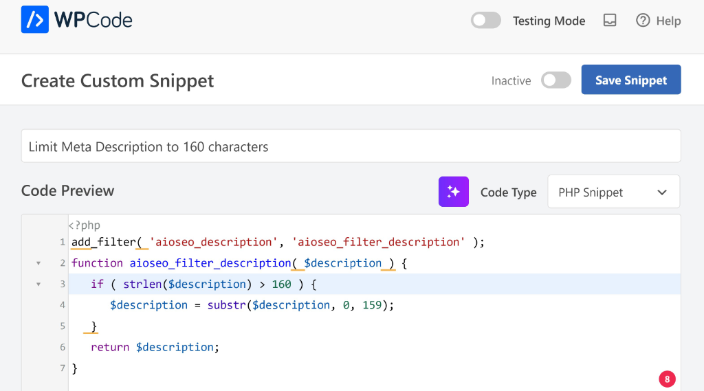 Enter PHP snippet in code editor