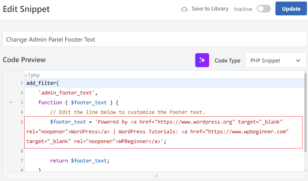 Edit footer text in code