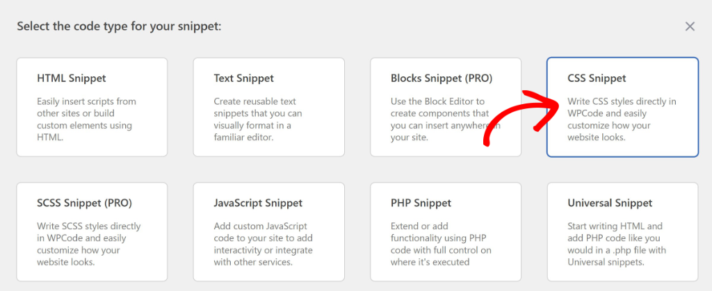 Select CSS snippet code type
