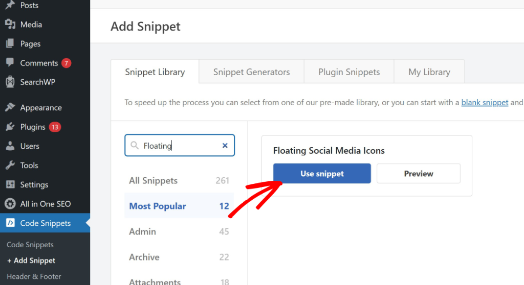 Select floating social icon snippet