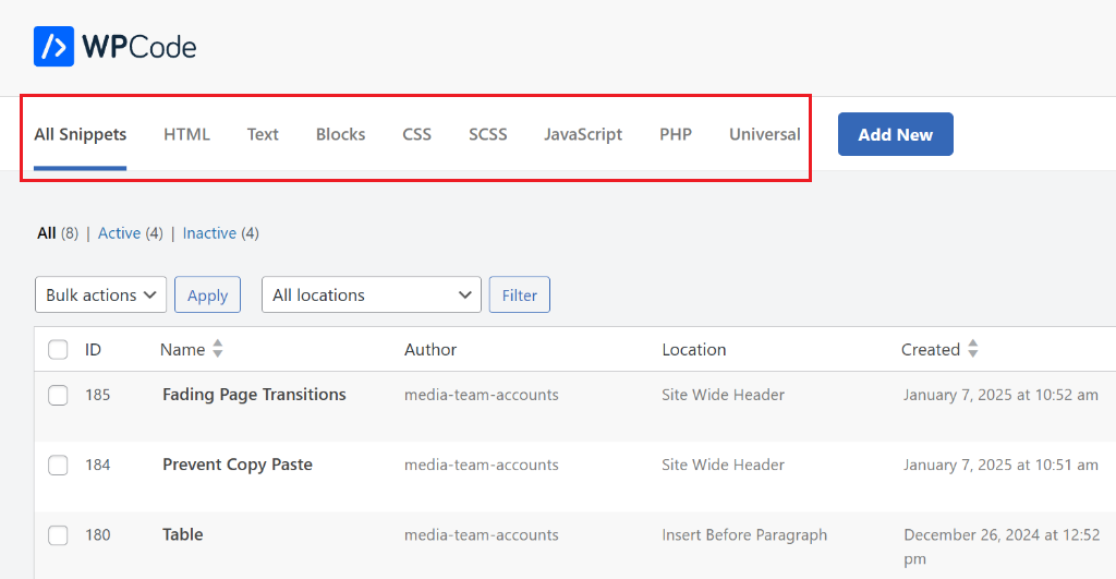 Sort snippets based on code type