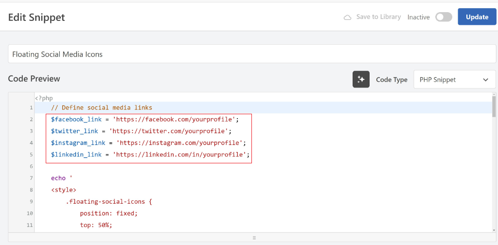 Edit floating social icon snippet