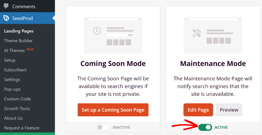 Activate maintenance mode page template