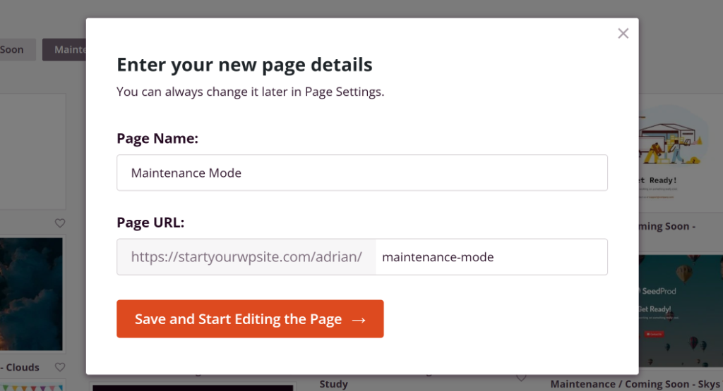 Enter page name for maintenance mode
