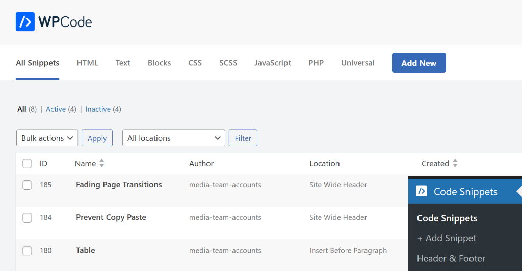 Manage all code snippets