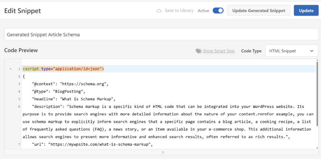 View schema snippet in code editor