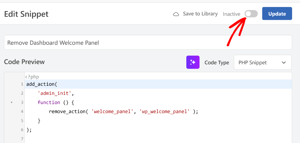 Activate remove welcome screen snippet